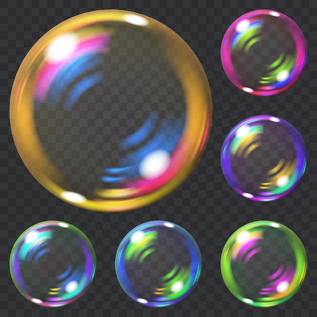 Conjunto de pompas de jabón transparentes multicolores con reflejos. Transparencia solo en formato vectorial. Se puede utilizar con cualquier fondo.