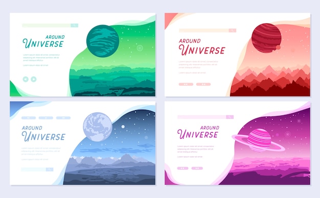 Conjunto de portadas coloridas con diferentes planetas y concepto de titular de around universe.