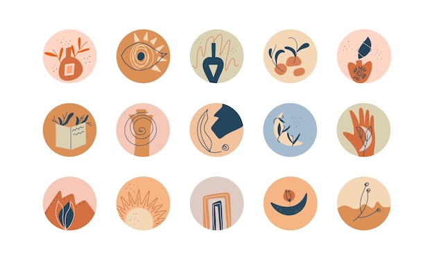 Conjunto de portadas destacadas en estilo boho diferentes iconos abstractos para redes sociales ilustración vectorial en estilo dibujado a mano