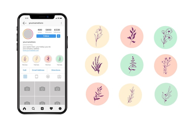 Conjunto de portadas destacadas de instagram dibujadas a mano florales