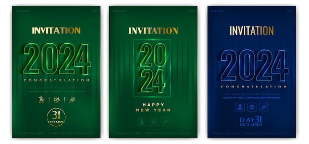 Conjunto de portadas de Feliz año nuevo 2024 Diseño clásico con números de neón