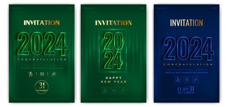 Conjunto de portadas de Feliz año nuevo 2024 Diseño clásico con números de neón