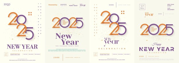 Conjunto de portadas de Feliz Año Nuevo 2025 Ilustraciones de números coloridos brillantes y modernos Diseño único Famoso y hermoso Fondo vectorial premium Año Nuevo 2025.