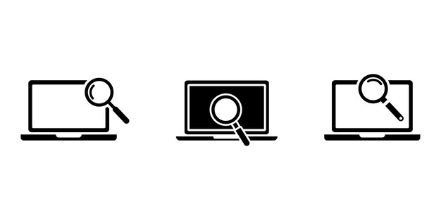 Conjunto de portátiles con iconos vectoriales de lupa de análisis de búsqueda de monitoreo