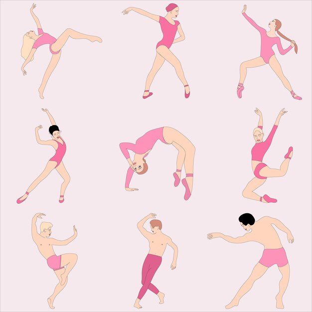 Un conjunto de poses de bailarines de ballet masculinos y femeninos.