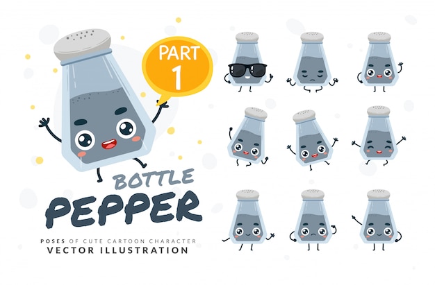 Conjunto de poses de dibujos animados de botella de pimienta.