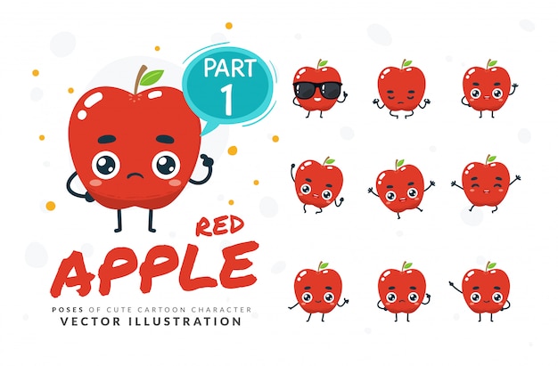 Conjunto de poses de dibujos animados de manzana roja.