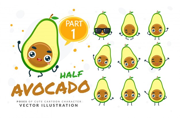 Conjunto de poses de dibujos animados de rodaja de aguacate.