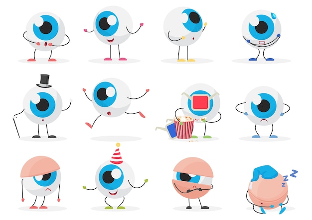 Conjunto de poses de emociones de personaje de emoticon de bola de ojo divertido lindo de dibujos animados