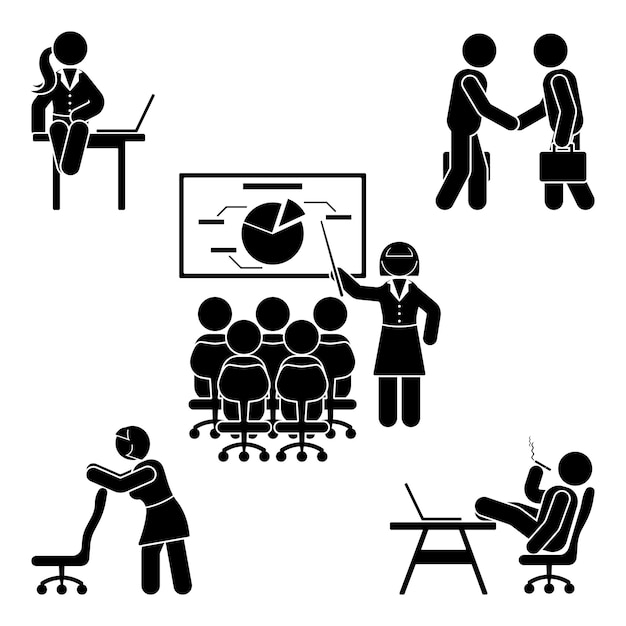 Conjunto de poses de oficina de figura de palo Apoyo en el lugar de trabajo de finanzas empresariales