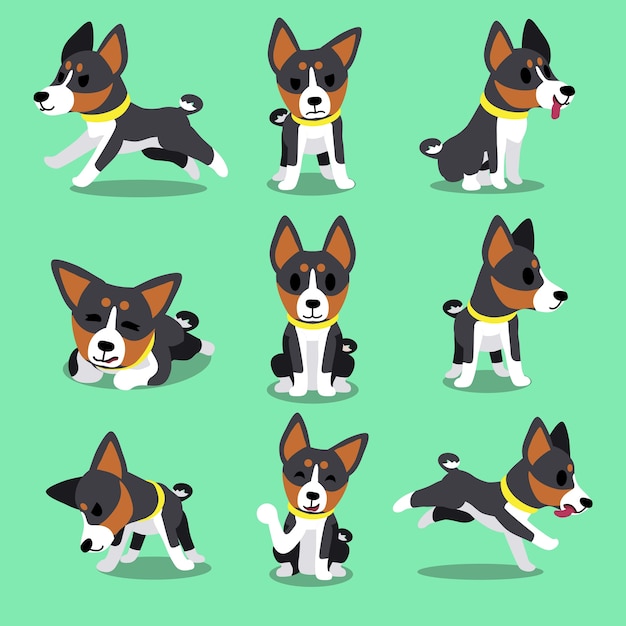 Conjunto de poses de perro basenji de personaje de dibujos animados