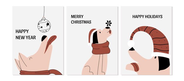 Un conjunto de postales para el Año Nuevo y Navidad con perros Ilustración vectorial en estilo dibujado a mano