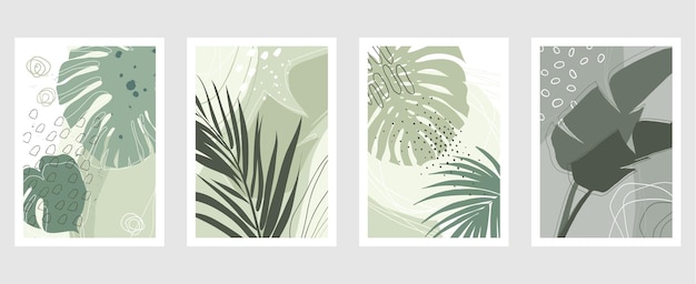 Conjunto de postales artísticas de verano dibujadas a mano con formas y texturas orgánicas de hojas de palma tropical