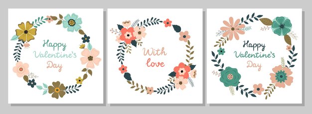 Un conjunto de postales con coronas de flores Feliz Día de San Valentín