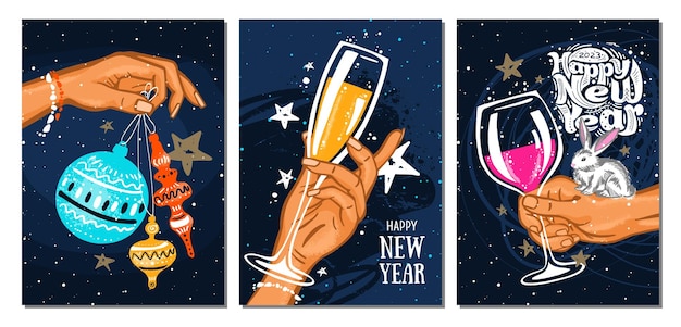 Vector conjunto de postales dedicadas a las vacaciones de año nuevo.