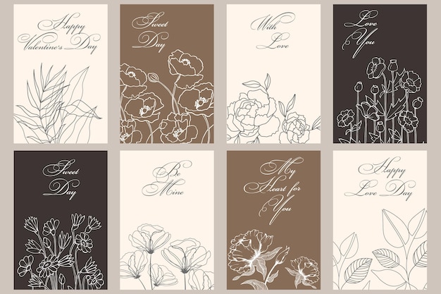 Conjunto de postales para el Día de San Valentín. Flores de arte lineal y caligrafía. Citas sobre el amor. Plantillas