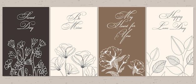 Conjunto de postales para el Día de San Valentín. Flores de línea y caligrafía. Citas sobre el amor. Plantillas