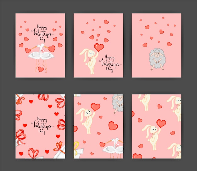 Un conjunto de postales para el día de san valentín ilustración vectorial con animales para el día de san valentín plantilla para postales, volantes, invitaciones