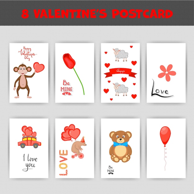 Un conjunto de postales para el día de san valentín ilustración vectorial con animales para el día de san valentín plantilla para postales, volantes, invitaciones