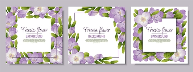 Conjunto de postales con flores de fresia Hermoso marco con flores y capullos de color púrpura Tarjeta de primavera banner invitación de boda