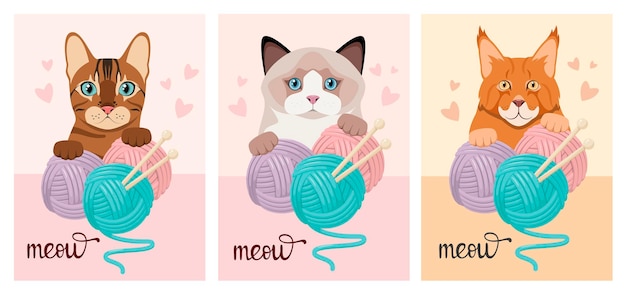 Un conjunto de postales con gatos divertidos e hilos. Diseño de dibujos animados.