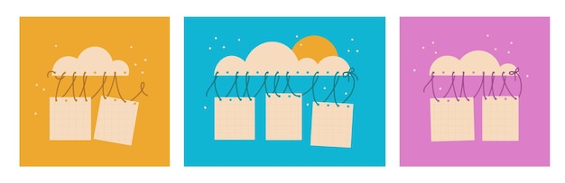 Un conjunto de postales con hojas de papel vacías colgando de una nube plantillas para su diseño postales carteles, etc. ilustración plana linda vectorial