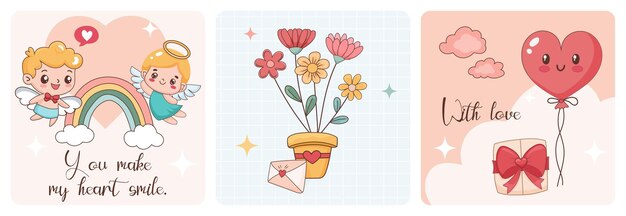 Conjunto de postales lindas para el Día de San Valentín Carteles postales de la Plaza con corazones ángeles deseos para imprimir