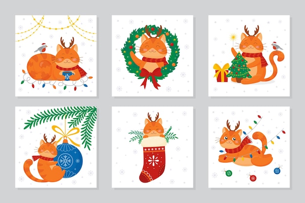 Conjunto de postales de navidad y año nuevo con lindo gato árbol de navidad guirnalda bolas copos de nieve