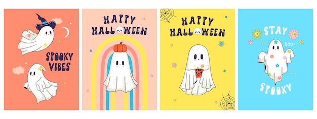 Conjunto de postales o carteles con lindos fantasmas Imagen vectorial