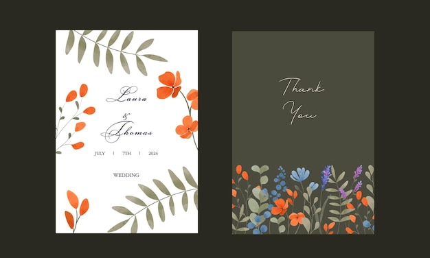 Conjunto de postales vectoriales Invitación de boda Flores acuarelas Flores azulonaranja