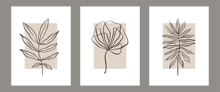 Vector conjunto de póster botánico de arte de pared contemporáneo. dibujo de arte de línea de follaje tropical con forma abstracta.