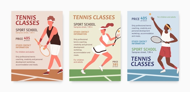 Conjunto de póster de clases de tenis con lugar para ilustración plana de vector de texto. colección de diferentes anuncios de escuela deportiva. hombre y mujer con ropa deportiva sosteniendo raquetas y golpeando la pelota.