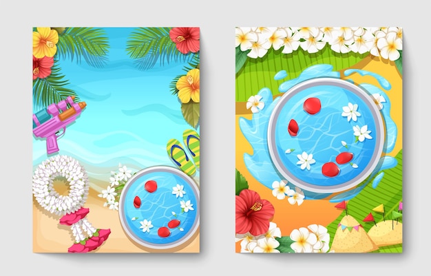 Conjunto de póster del festival songkran decorado con elemento y espacio vacío.