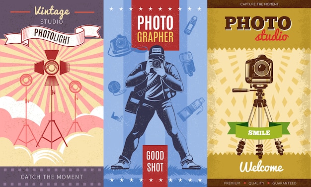 Conjunto de póster fotográfico vintage de tres colores con fotolight de estudio vintage. Captura el momento.