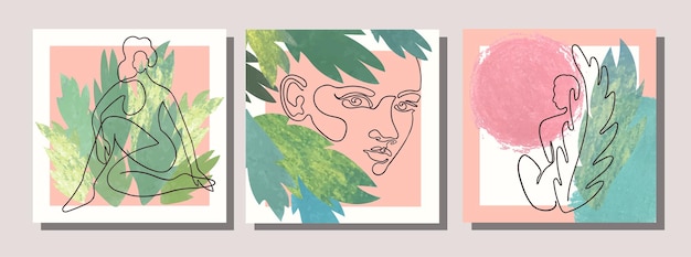 Vector conjunto de póster moderno de collage con hojas exóticas de formas abstractas e ilustraciones de una línea de mujeres