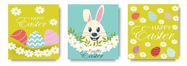 Vector conjunto de pósters de pascua mínimos de moda con hermosas flores brillantes huevo de conejo y tipografía moderna