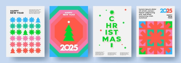 Conjunto de posters de portada de carteles de Navidad modernos y de moda en colores abiertos brillantes y estilo minimalista geométrico con formas simples de copos de nieve árbol de Navidad y número 2025 diseño Feliz año nuevo 2025