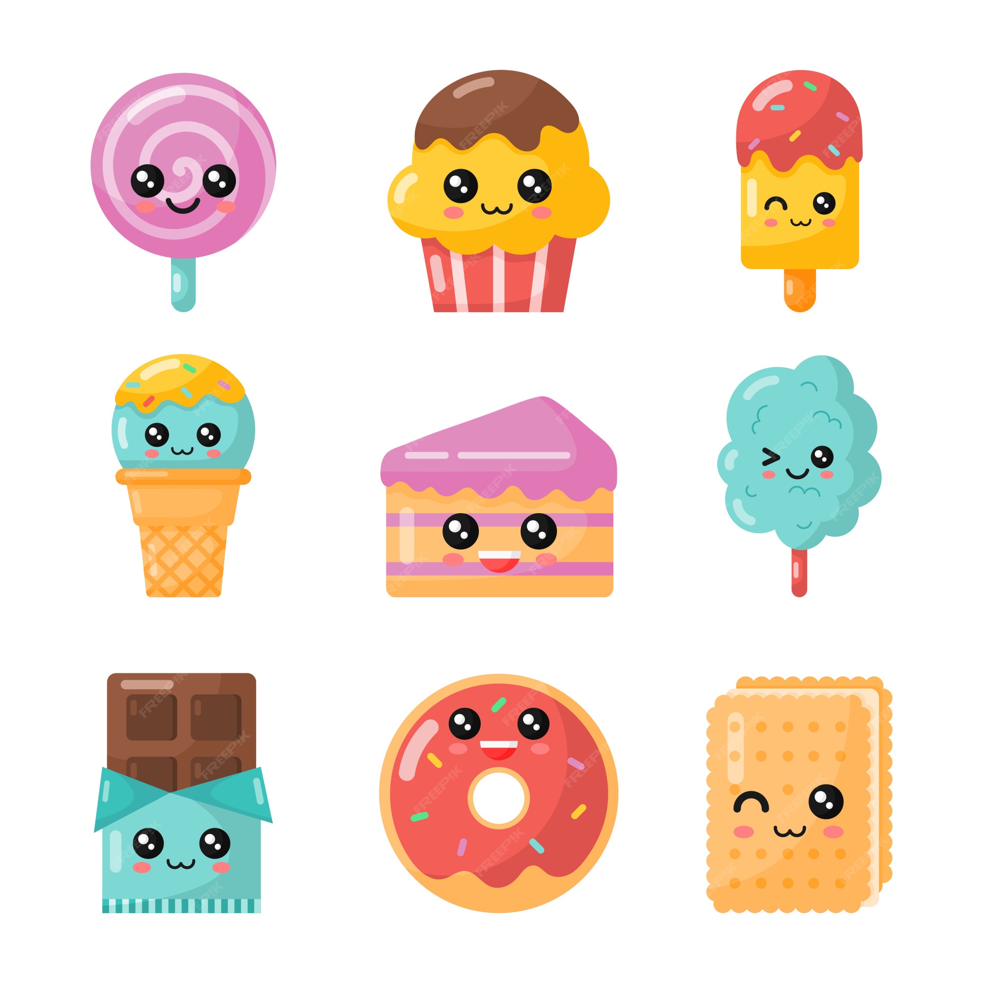 Conjunto de postre de dibujos animados kawaii. dulce caramelo aislado |  Vector Premium