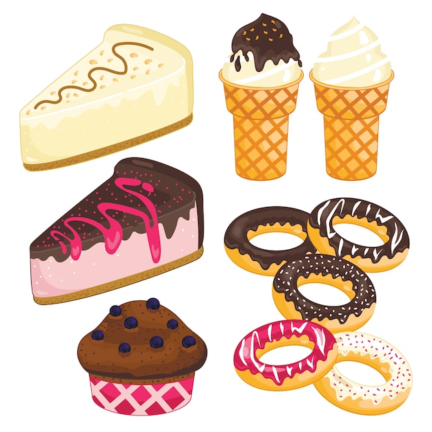 Conjunto de postre dulce. Pastel, helado, rosquilla, magdalena