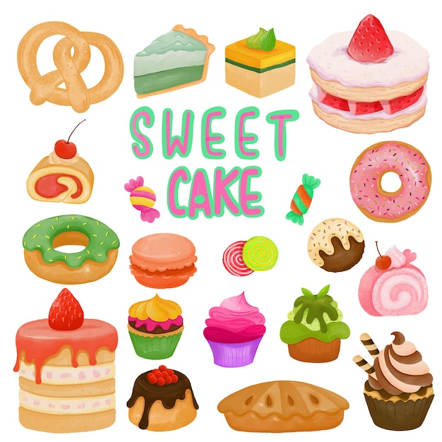 Conjunto de postre dulce pintado acuarela, clipart de pastel. Dibujado a mano aislado sobre fondo blanco.