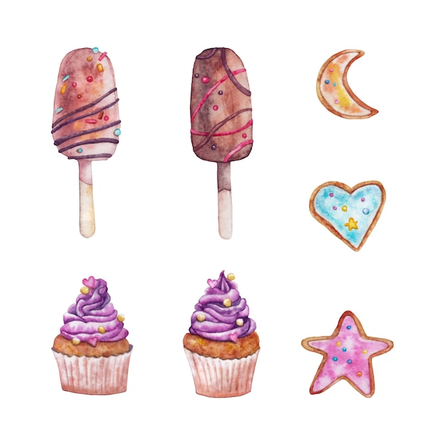 Un conjunto de postres de acuarela vectorial, paletas, pasteles, magdalenas, pan de jengibre con glaseado y dulces