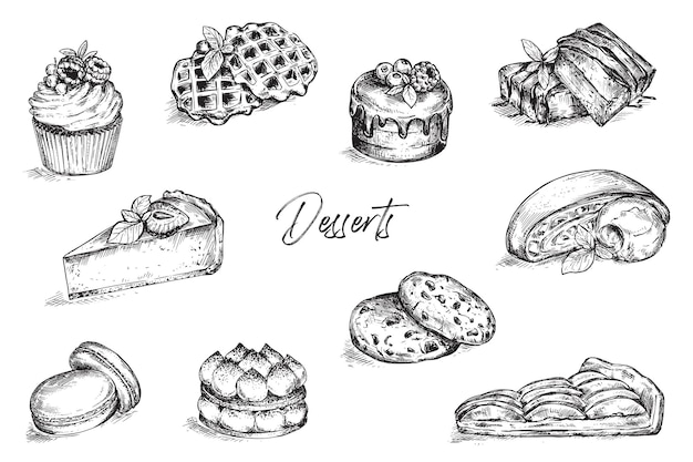 Conjunto de postres dibujados a mano vectoriales en estilo boceto