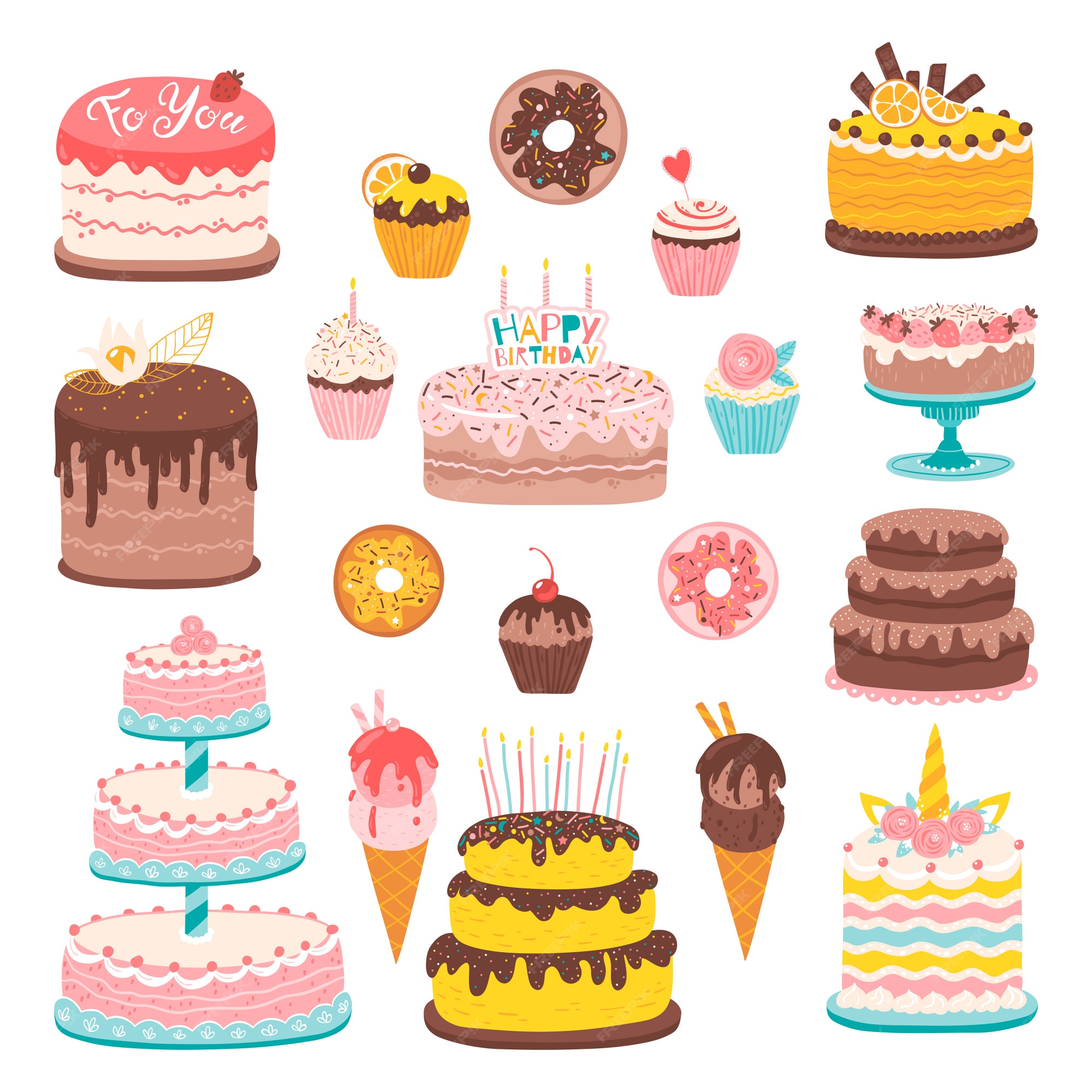 Conjunto de postres de dibujos animados. ilustraciones de varios pasteles, muffins y helados. | Vector Premium Conjunto de postres de dibujos animados. ilustraciones de varios pasteles, muffins y helados. | Vector Premium
