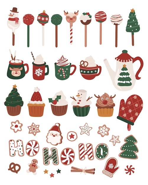 Vector conjunto de postres dulces navideños cupcake cake pop muñeco de nieve y renos