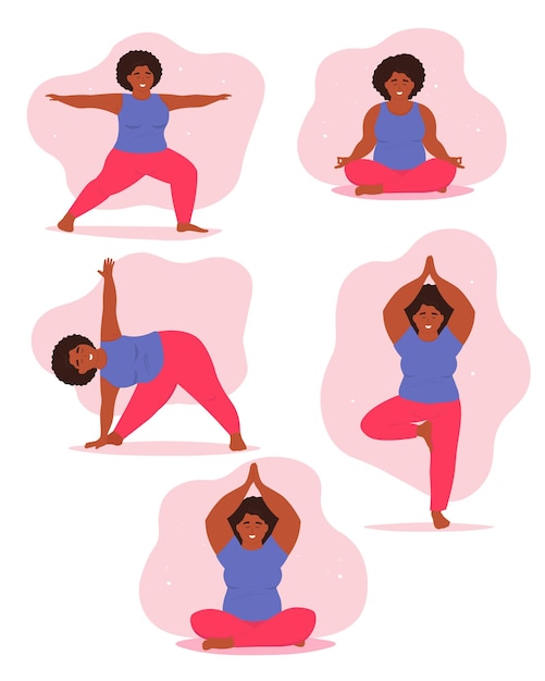 Conjunto de posturas de yoga bbw Una chica llena está involucrada en asanas gimnasia actividad vigorosa para la salud