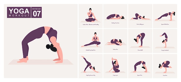 Vector conjunto de posturas de yoga mujer joven practicando posturas de yoga