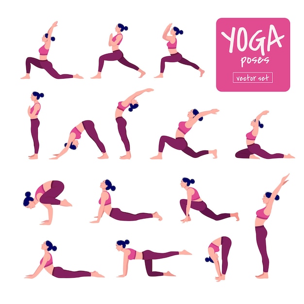 Conjunto de posturas de yoga Mujer joven practicando posturas de yoga