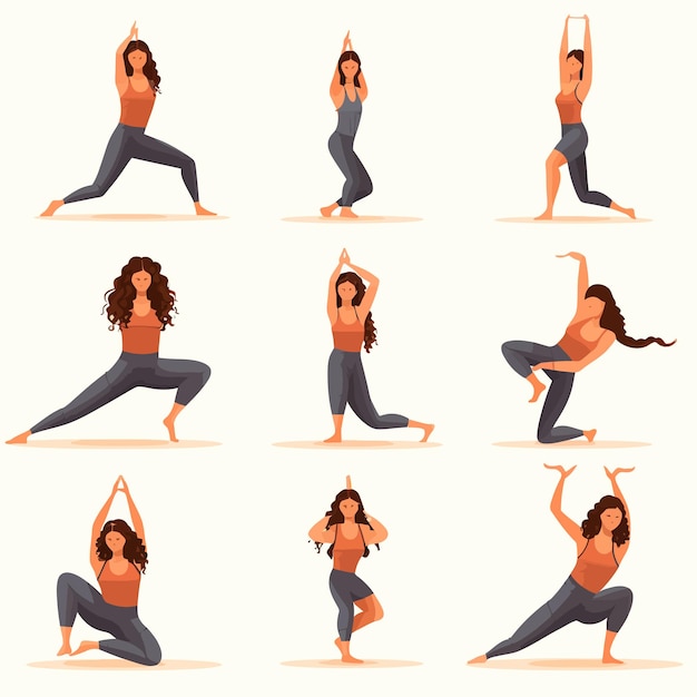 Vector conjunto de posturas de yoga para mujeres jóvenes que hacen ejercicios de yoga