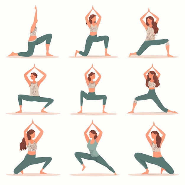 Vector conjunto de posturas de yoga para mujeres jóvenes que hacen ejercicios de yoga