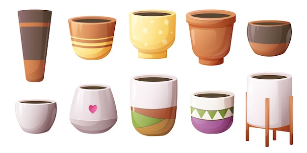 Conjunto de potes de flores y jardineras modernas en colores blanco, marrón y negro Ilustración vectorial al estilo de dibujos animados